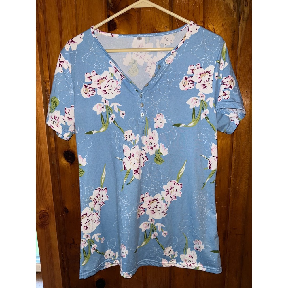 Floral Print Button Henley T Shirt Womens‎ Top Casual Summer Blue Size Large